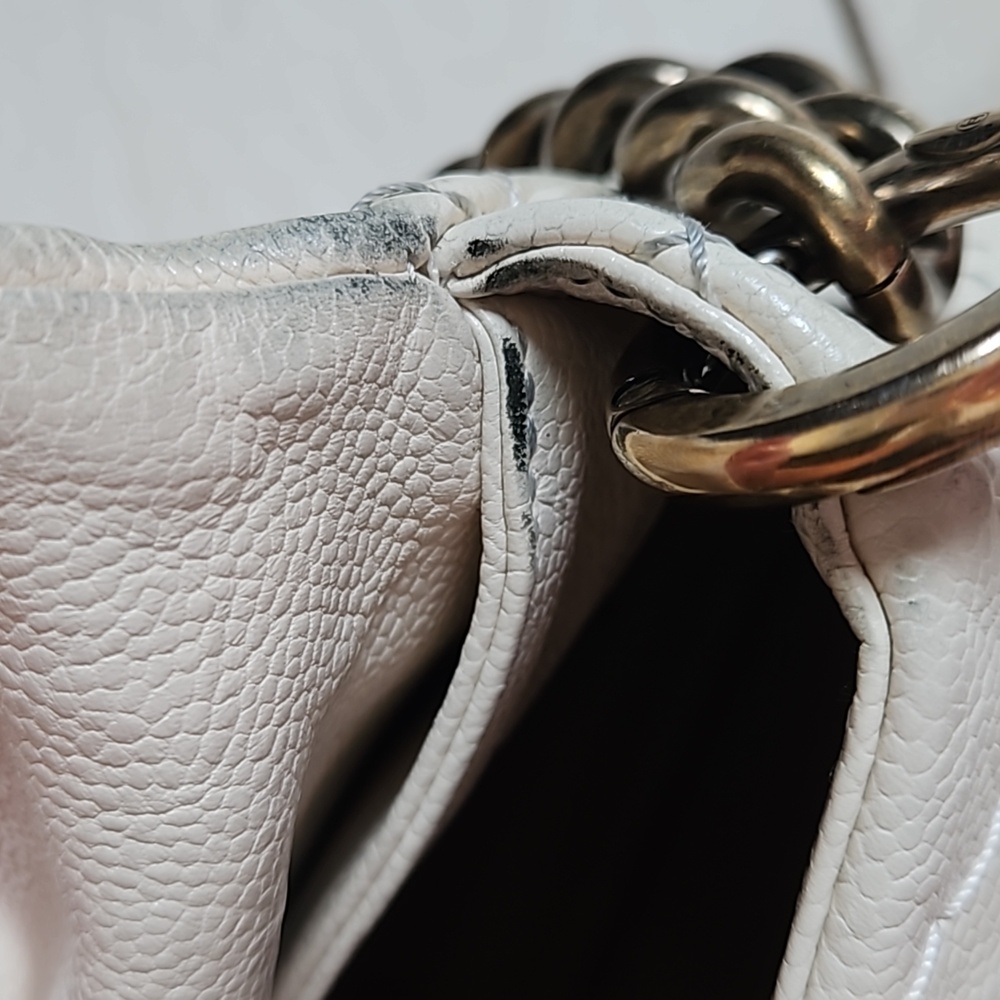 CHANEL 14S Flap Bag Crossbody Cream Leather Gold Chain CC Logo w/Box + Card - Picture 16 of 16